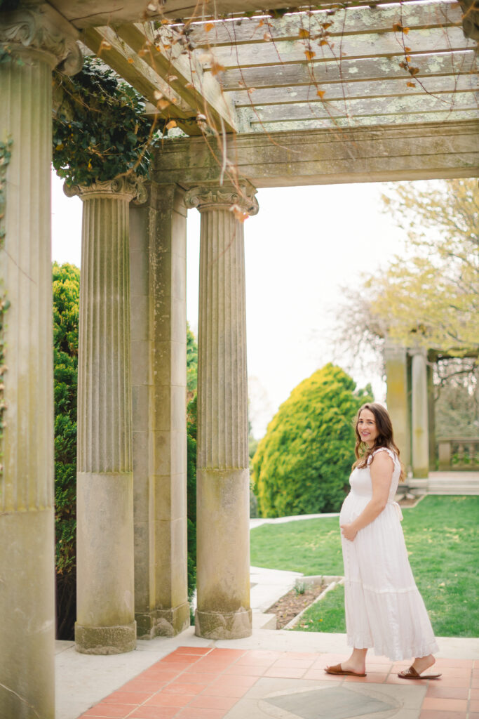 Maternity photography session with flowing gown during Connecticut fall