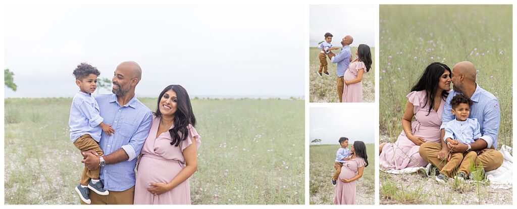 family of three at the beach for maternity pictures