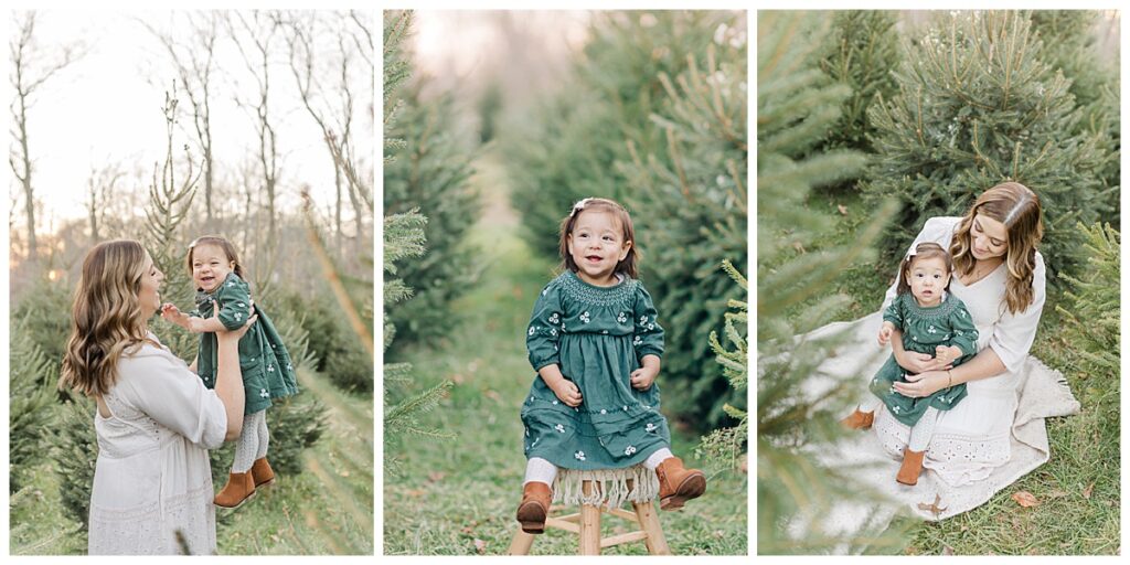 mom and daughter photo mini session in christmas tree farm