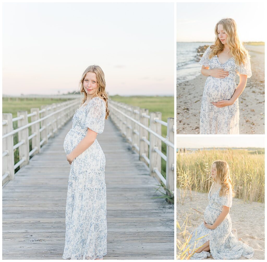 beach maternity photos mom in blue and white dress